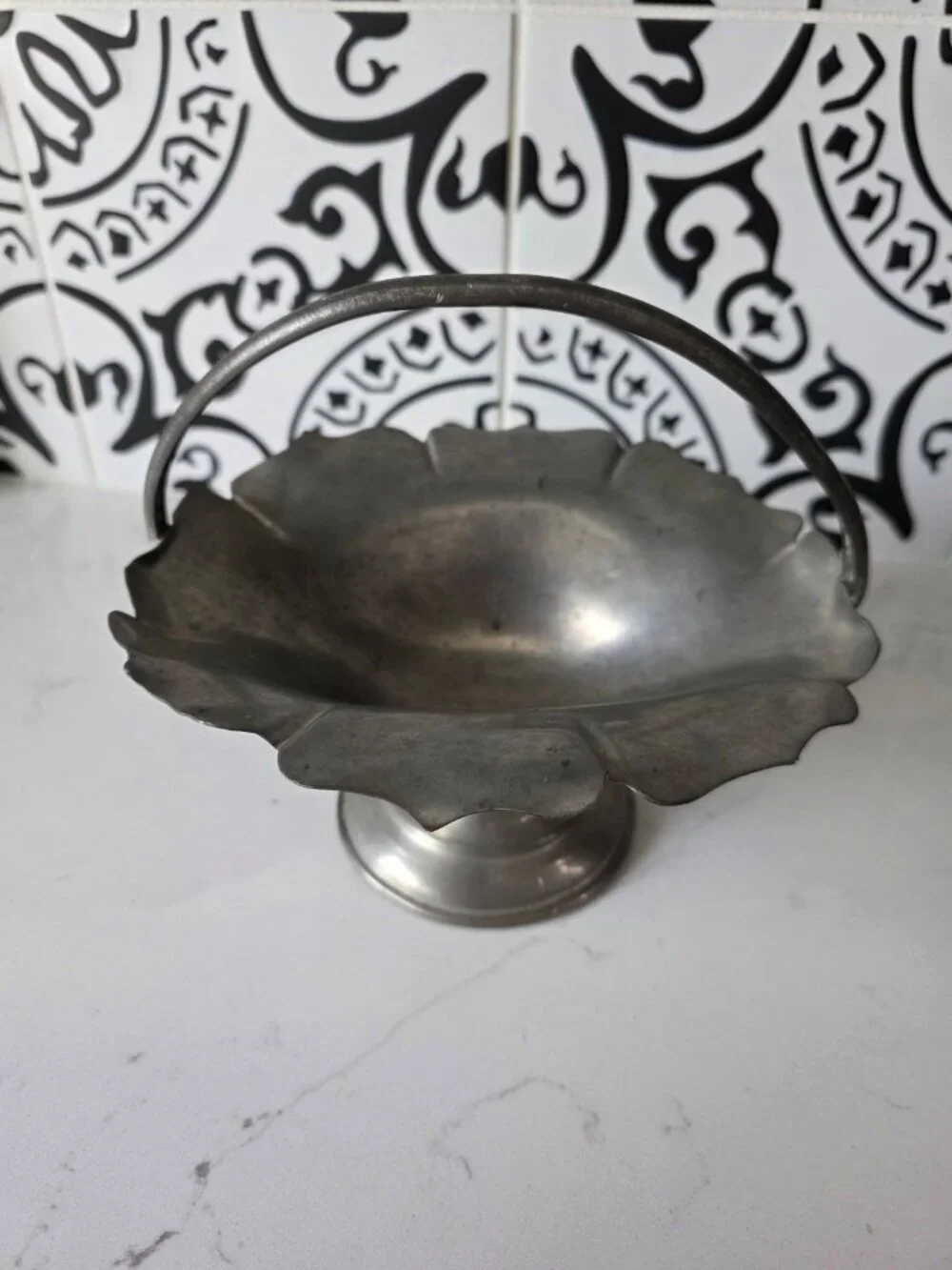 Vintage Silver Tone Pedestal Basket Scalloped Rim Swing Handle Footed Dish